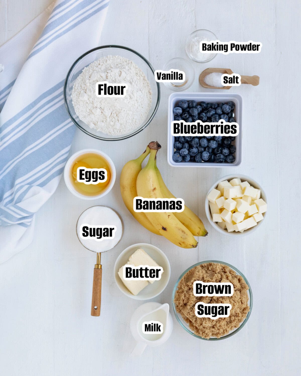 All the ingredients needed to make blueberry banana crumb cake.