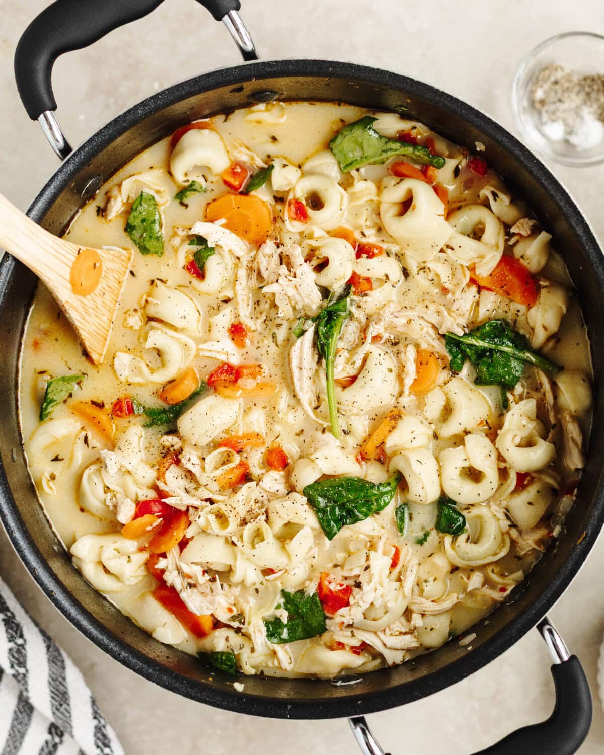 Creamy chicken tortellini soup ready to serve from a soup pot.
