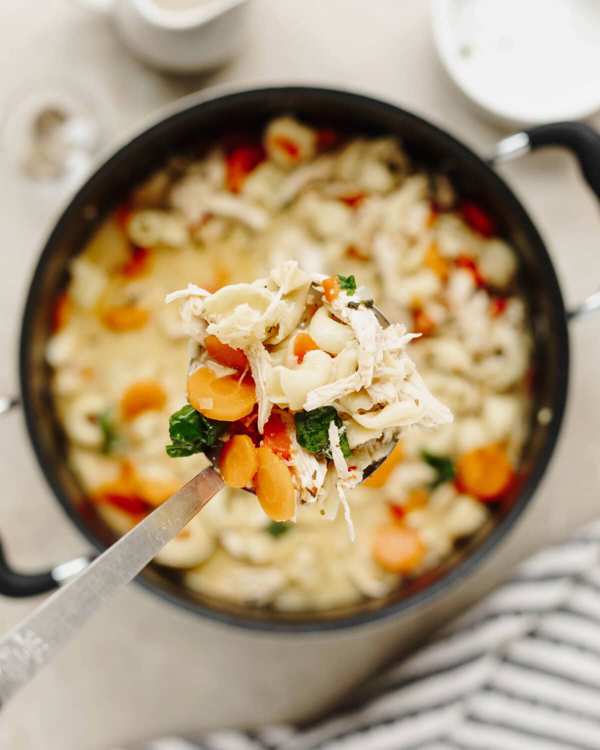 A spoon showing the tender texture of a creamy chicken soup.