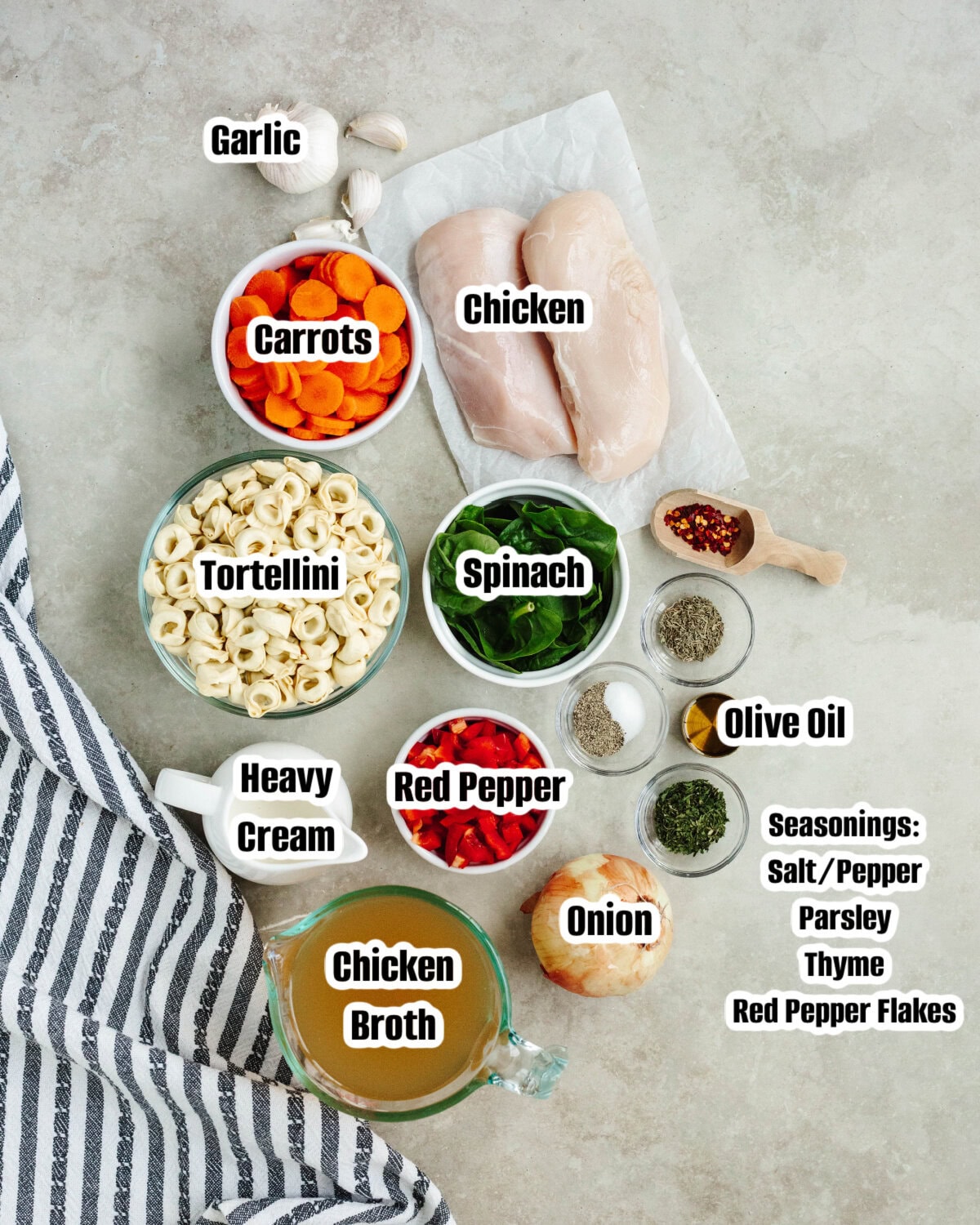 All the ingredients needed to make creamy chicken tortellini soup.