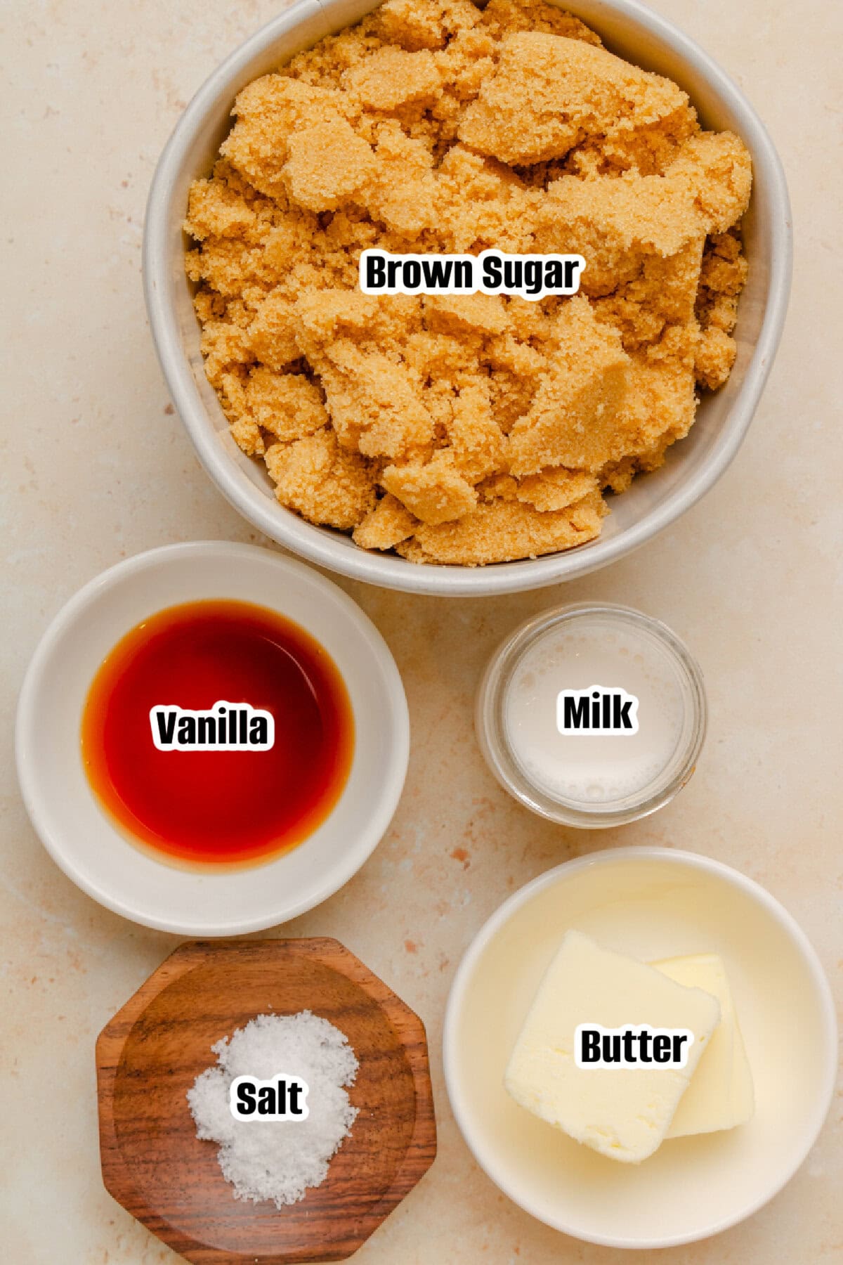 Butter, brown sugar, milk, vanilla, and salt for fresh apple cake glaze.