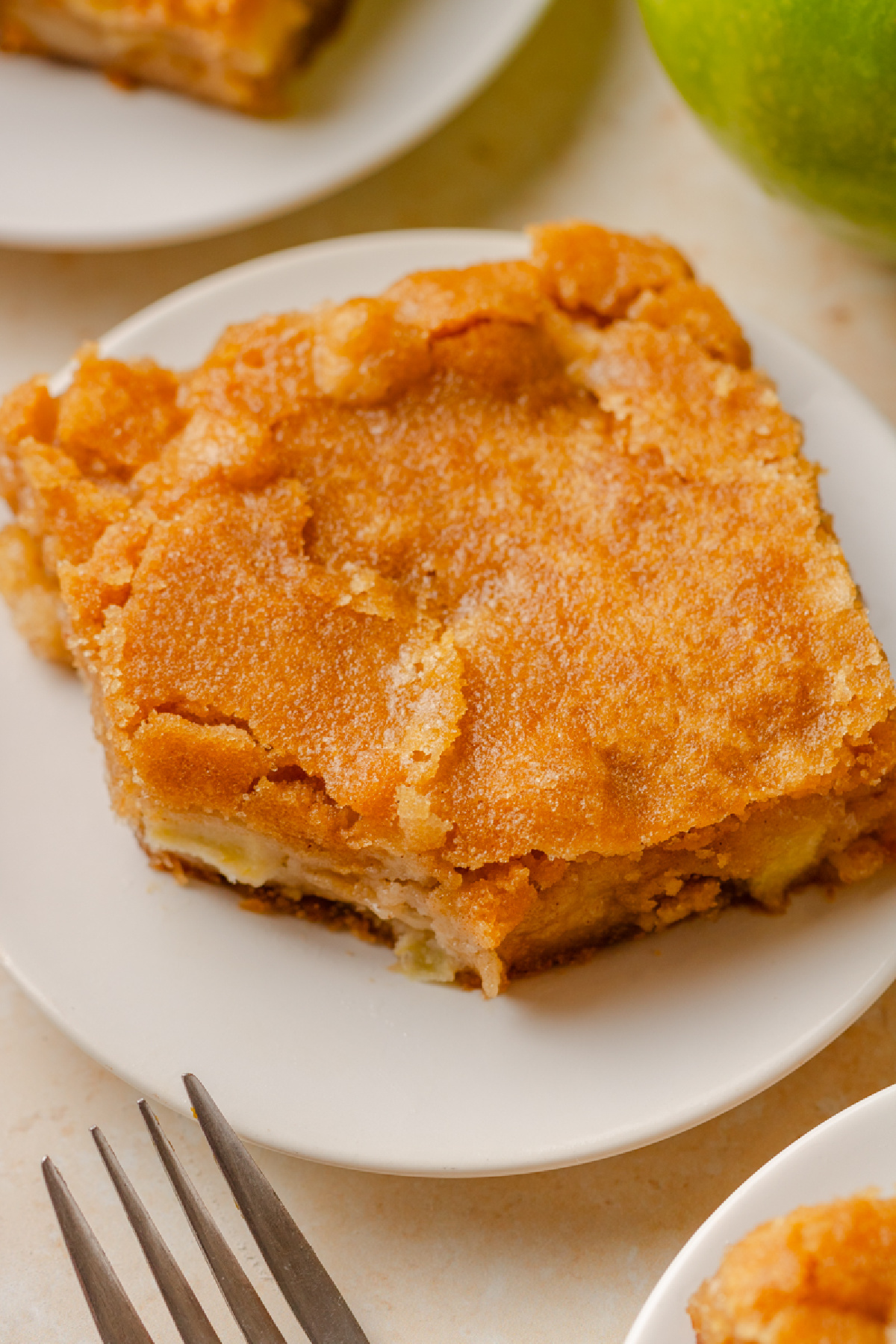 A slice of fresh apple cake on a white serving plate.