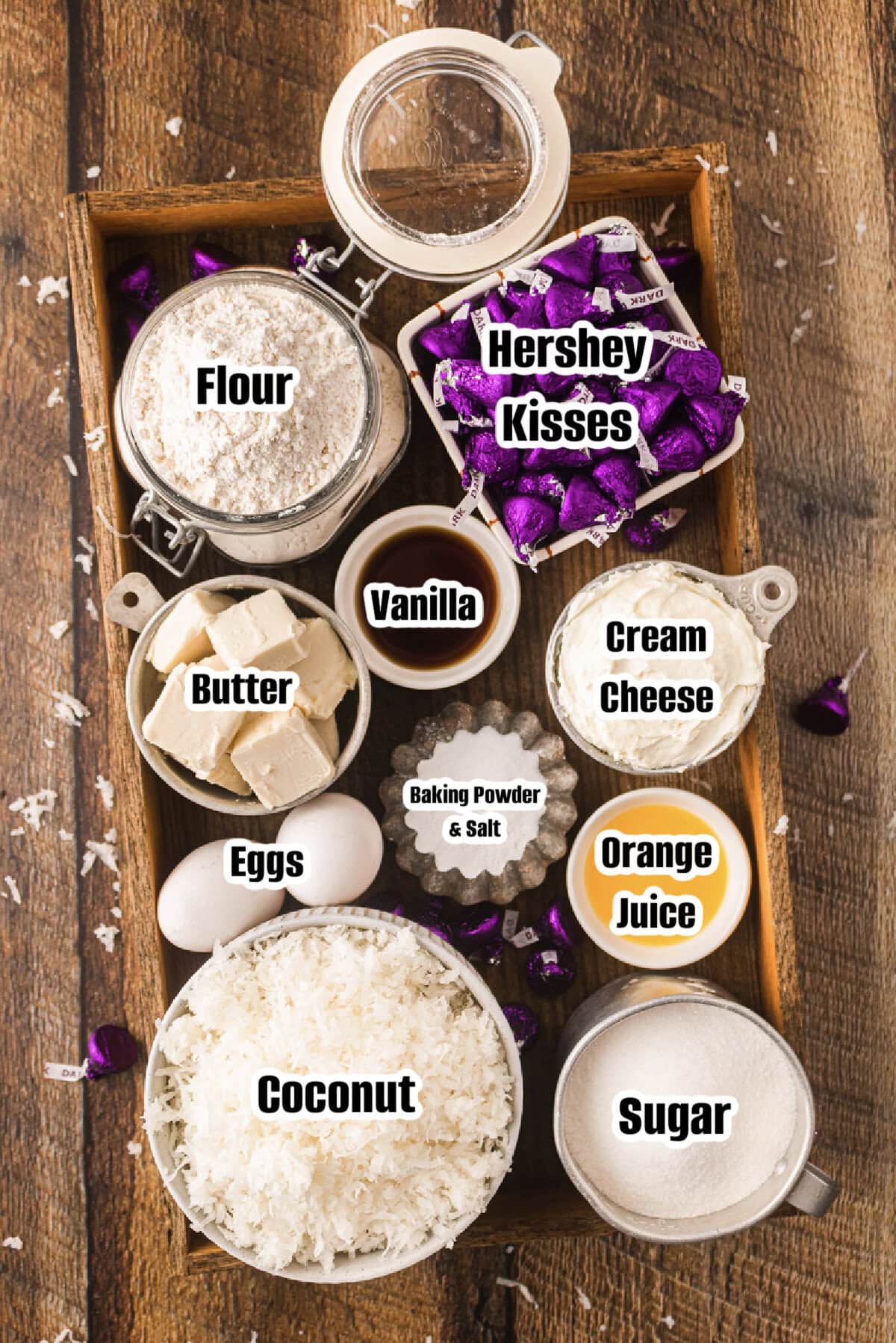 All the ingredients needed to make macaroon kiss cookies.