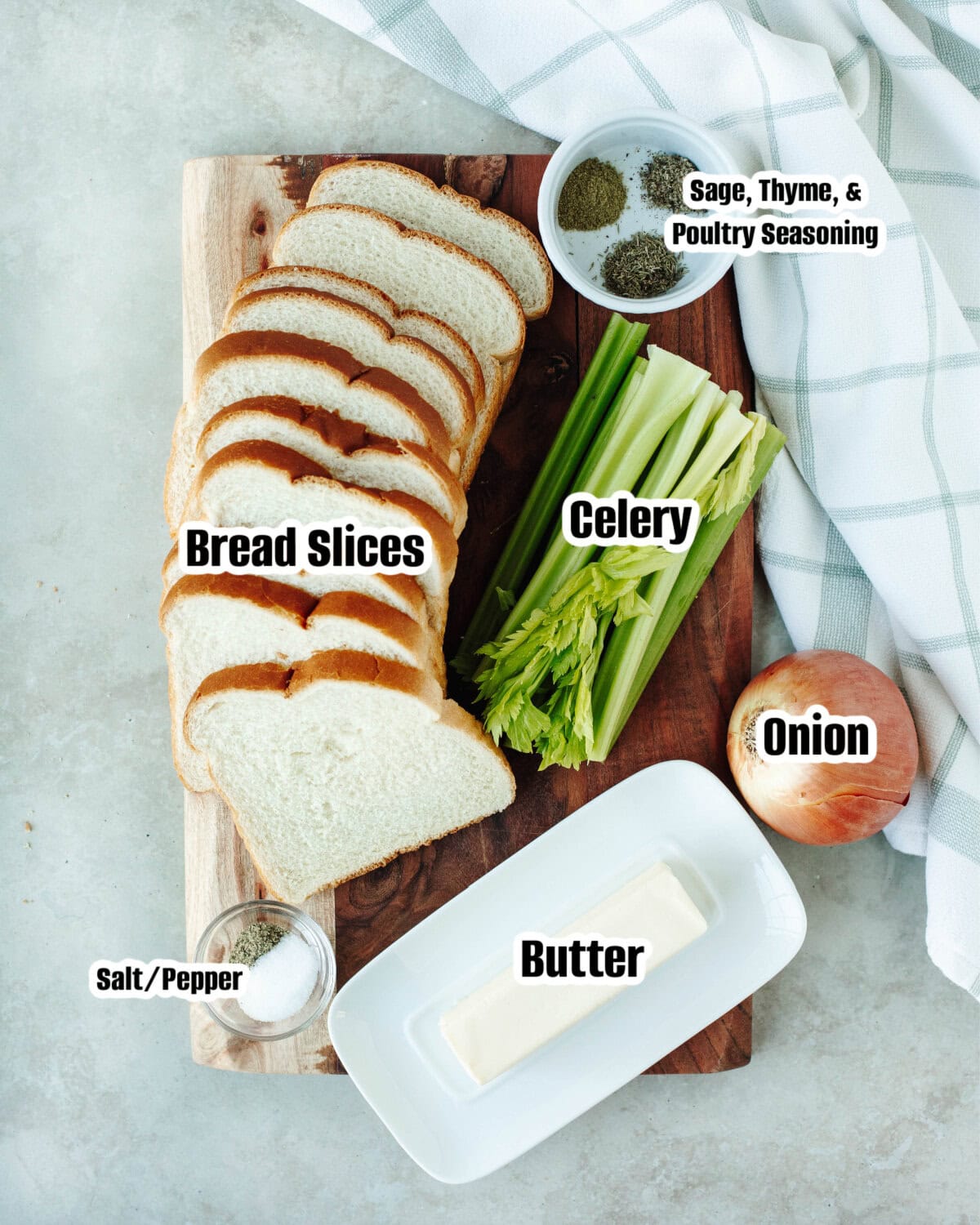 All the ingredients needed to make old fashioned stuffing.