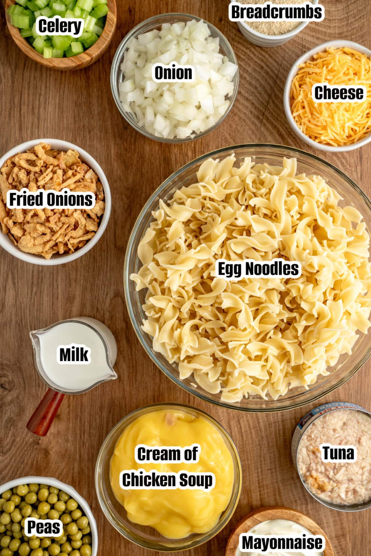All the ingredients needed to make old fashioned tuna noodle casserole.