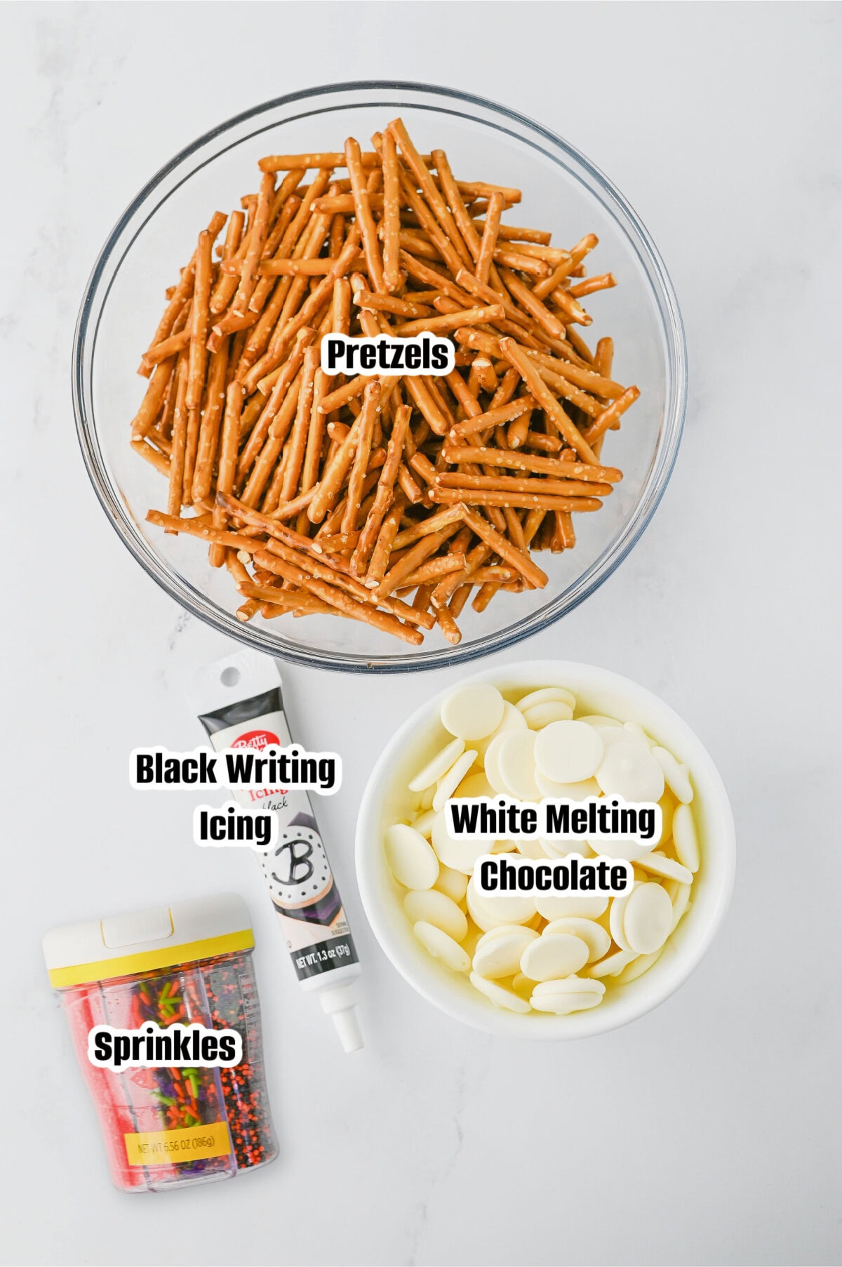 All the ingredients needed to make spider web pretzels.