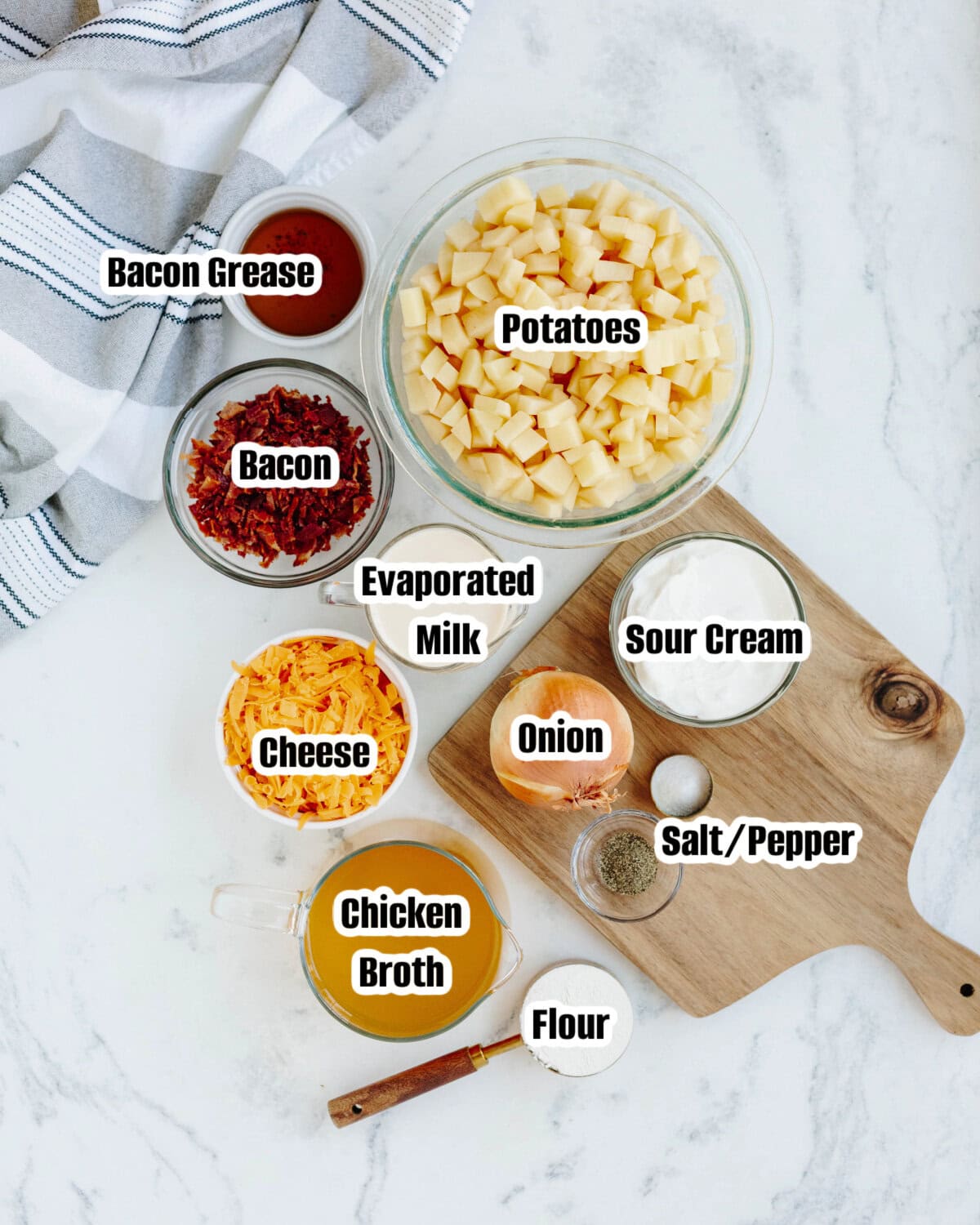All the ingredients needed to make potato soup.